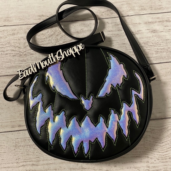Love Pain and Stitches Handbags - *Love Pain and Stitches Black and Holo Bad Company Pumpkin Crossbody Purse